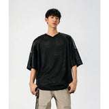 Lässiges, atmungsaktives Mesh-T-Shirt im japanischen Stil mit V-Ausschnitt
