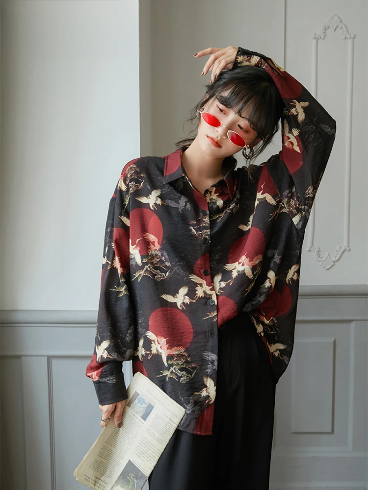Y2K Vintage Crane Print Blouse