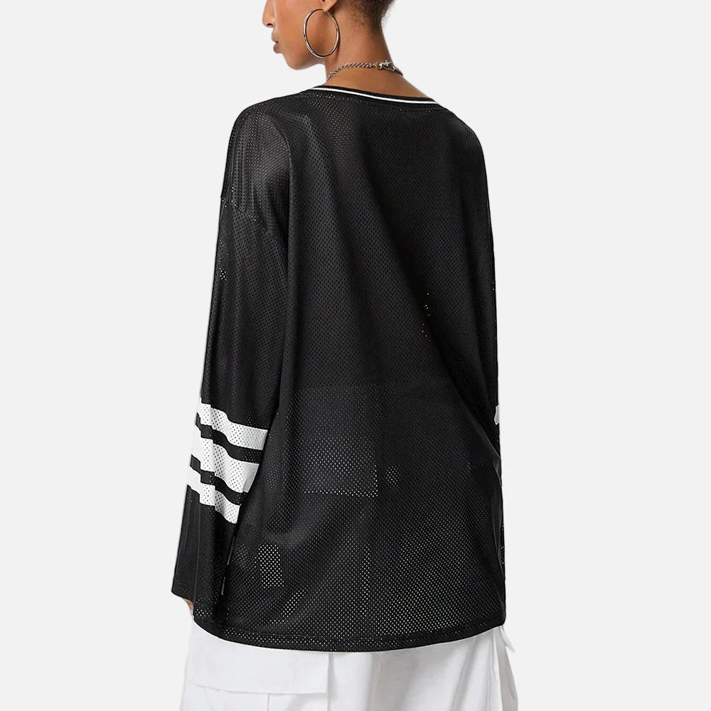 Breathable Mesh Printed V-Neck Long Sleeve T-Shirt