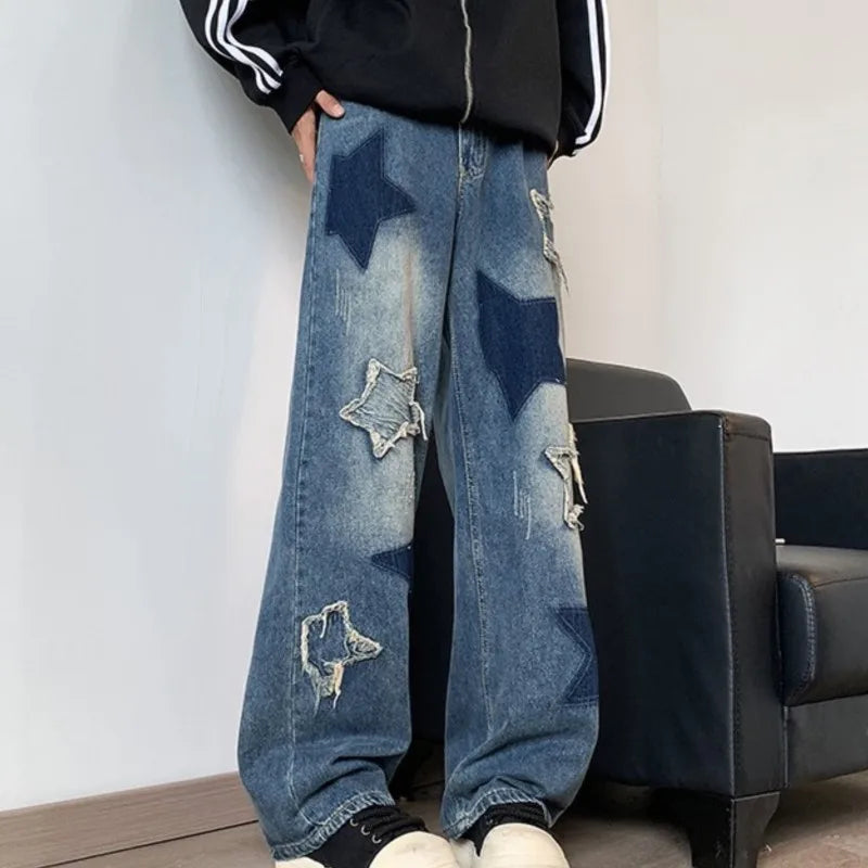 자수 별 패치워크 와이드 레그 진