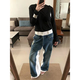 튼튼한 Y2K 블루 패치워크 쿨 힙합 청바지