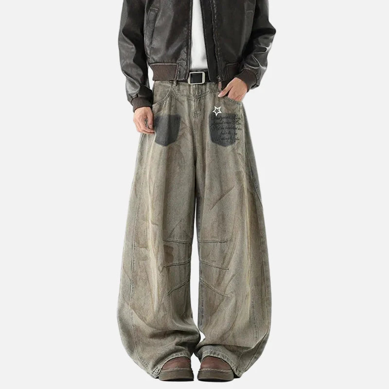 American Style Star Printing Dirty Dying Denim Jeans