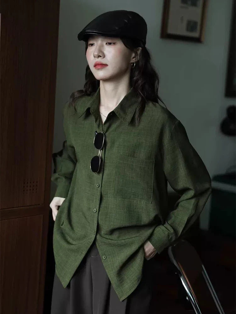 Chemise longue chic et élégante verte de style coréen pour femme