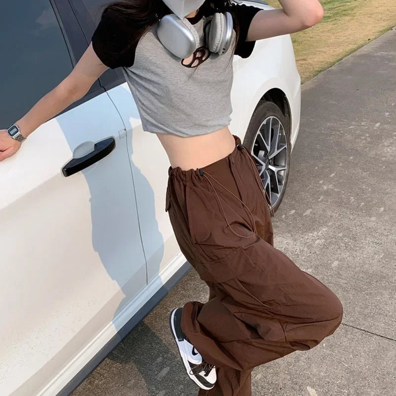 Women Cool Brown Vintage Drawstring Cargo Pants