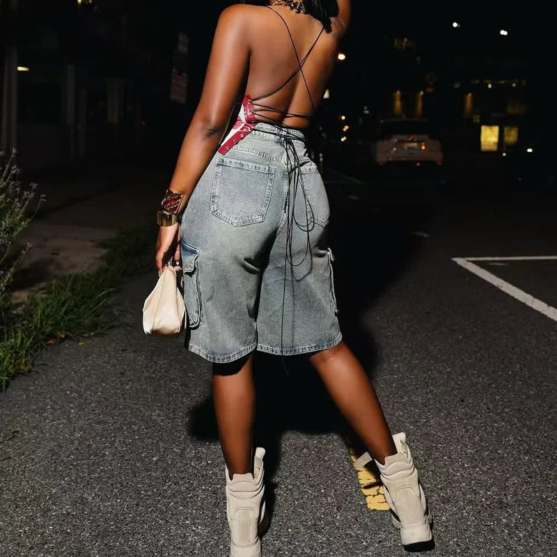 American Style Washed Cargo Denim Shorts