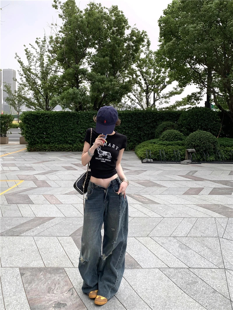 Retro Streetwear Washed High Waist Ripped Jeans