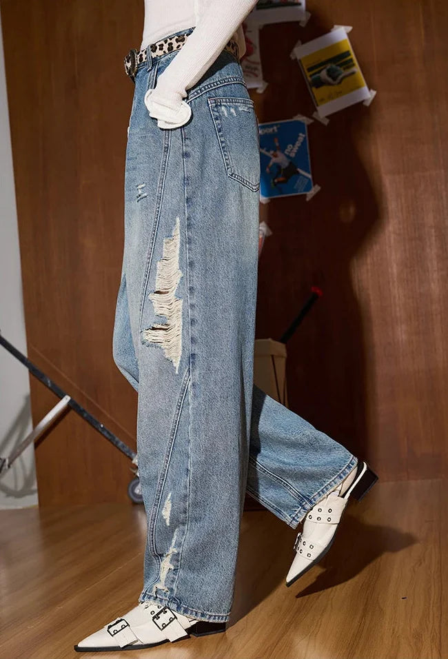 Durable Distressed High Waist Wide Leg Jeans