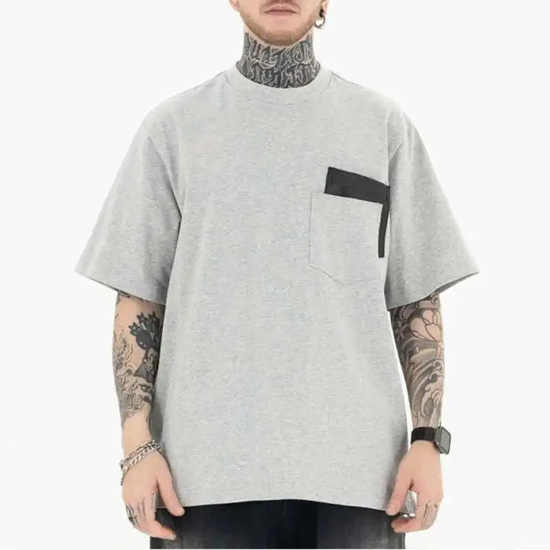 Trendy Leather Patchwork Double Pocket T-Shirt