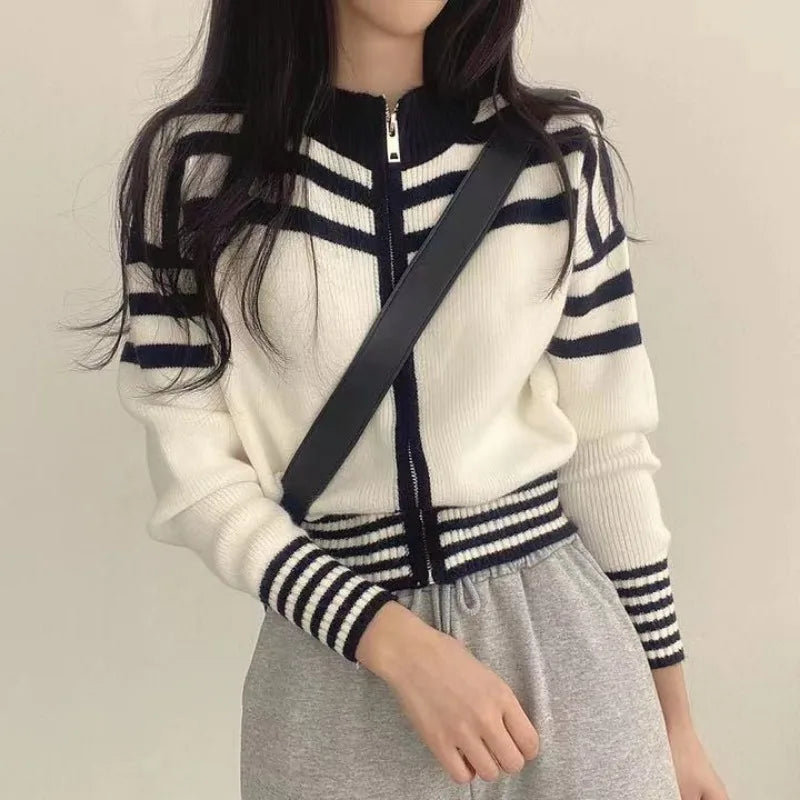 여성용 시크 빈티지 스트라이프 크롭 가디건