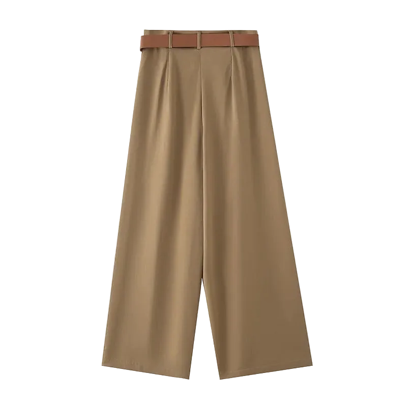 Beige wide-leg pants with a brown belt on a white background