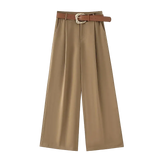 Beige wide-leg pants with a brown belt on a white background