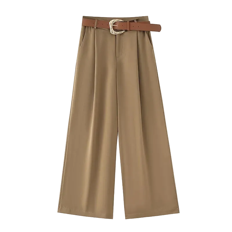 Beige wide-leg pants with a brown belt on a white background