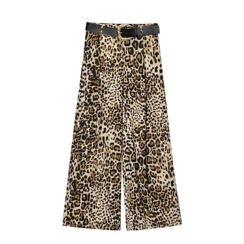 Leopard print pants with a black belt on a white background
