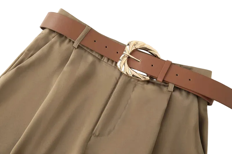 Brown pants with a brown belt and gold buckle on a white background