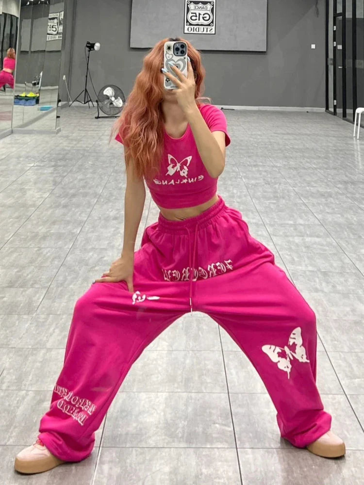 Pink Y2K Bufferfly Pattern Wide Leg Sweatpants
