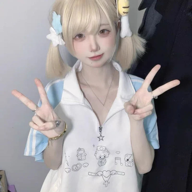 일본 만화 프린트 패치워크 그런지 티셔츠