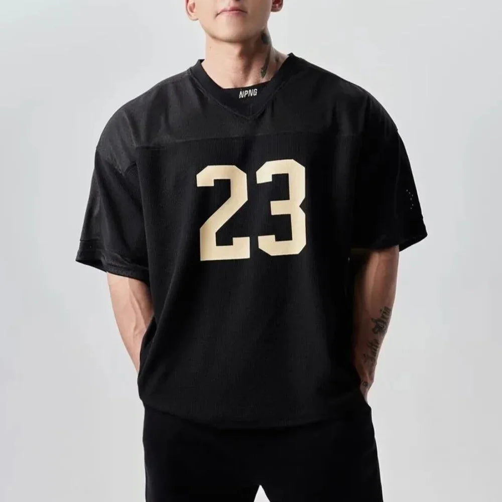 Sporty American Style Print Jersey Mesh T-Shirt