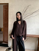 Y2K Chiffon V-Neck Ribbon Blouse