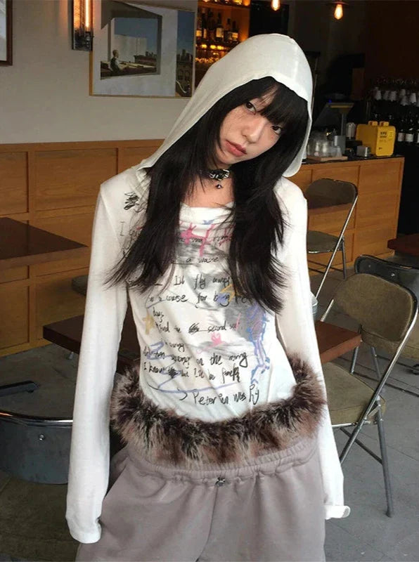 Y2K Gothic Print Hooded T-shirt