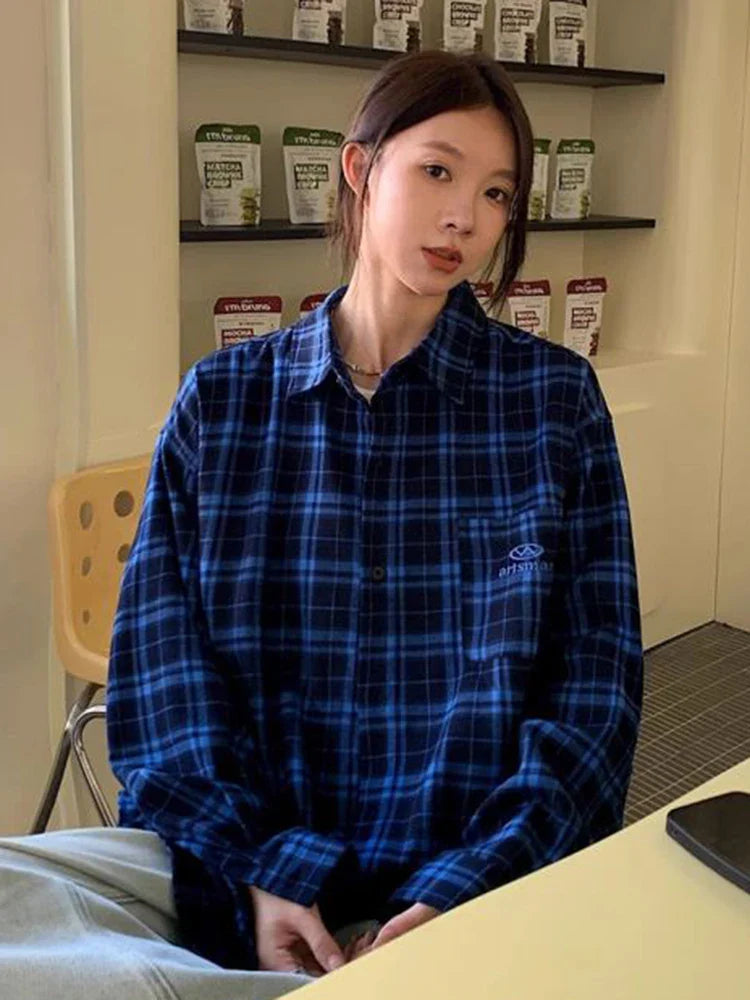Chemise à carreaux rétro oversize à manches longues pour femme, style hip-hop