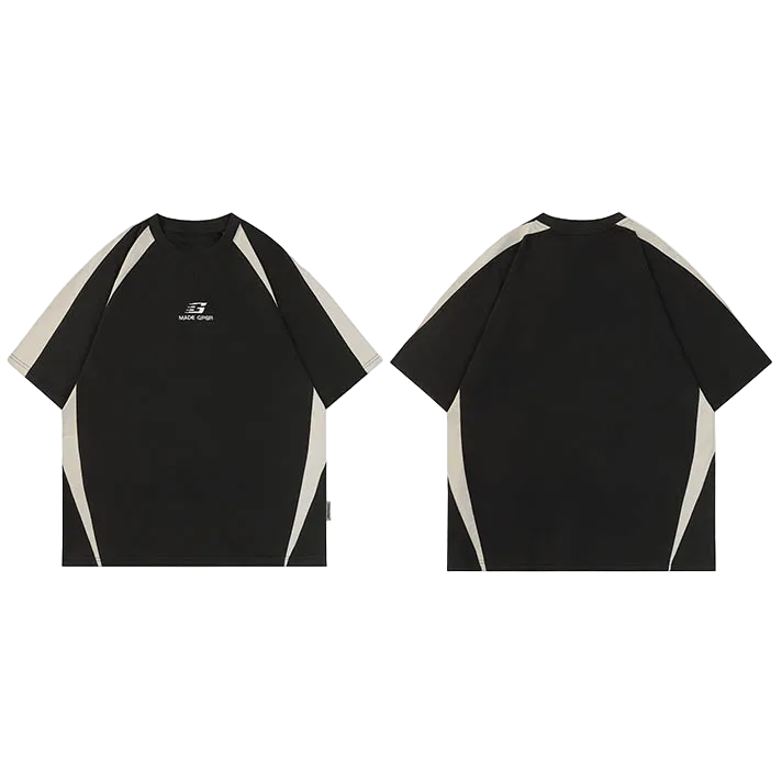 Black t-shirt with white accents on a white background