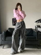 Women Retro Comfort Vintage Blue High Waist Cargo Jeans
