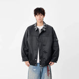 Warm Contrast Plaid Collar Button Up Leather Jacket