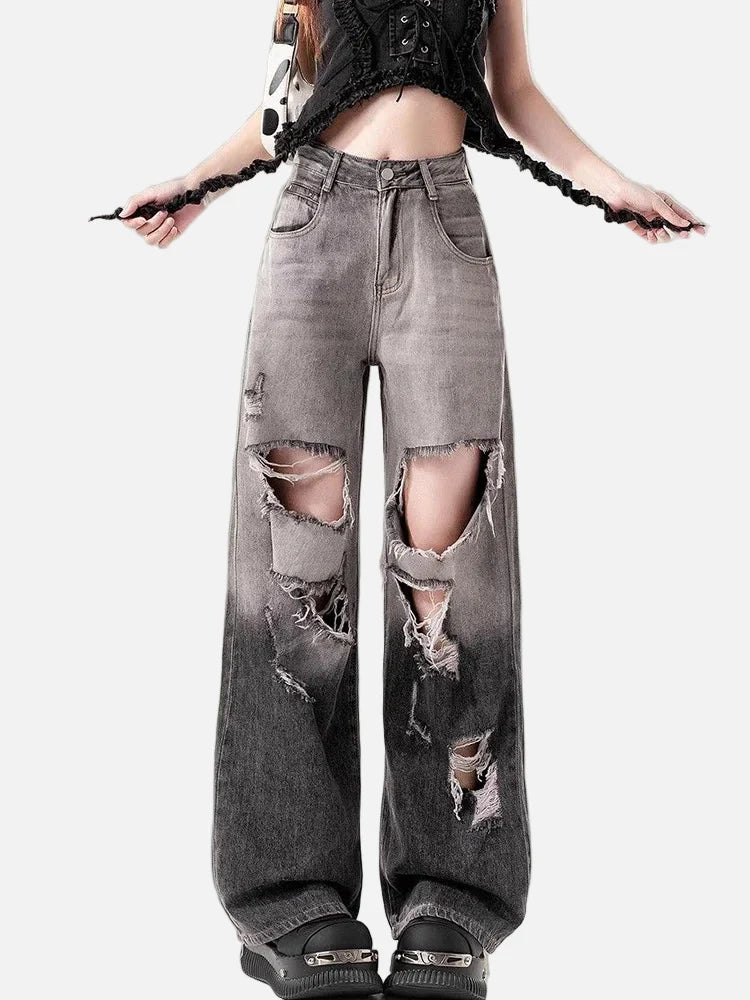Modische, zerrissene High-Waist-Jeans mit Farbverlauf