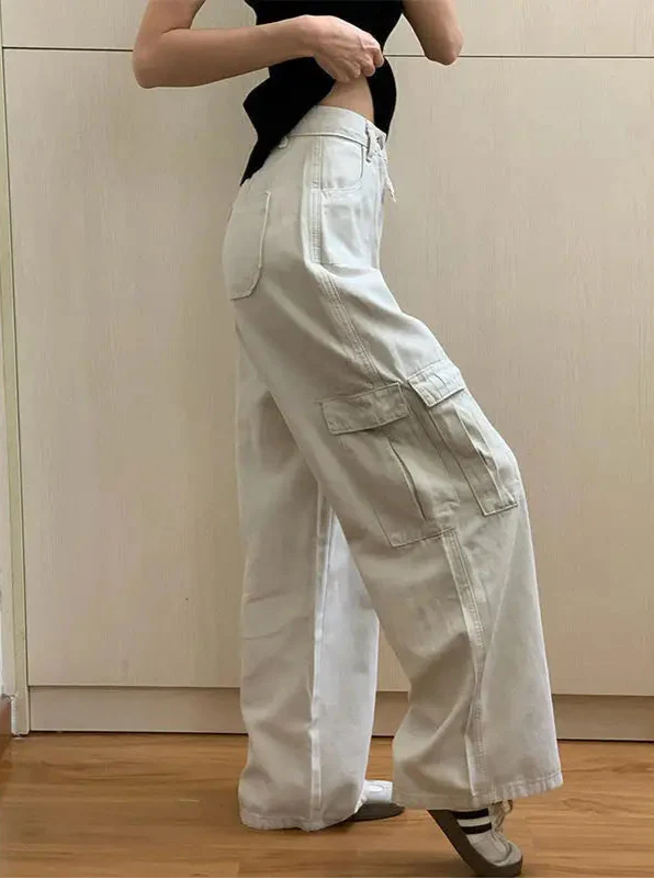 Cool Streetwear Beige High Waisted Cargo Jeans