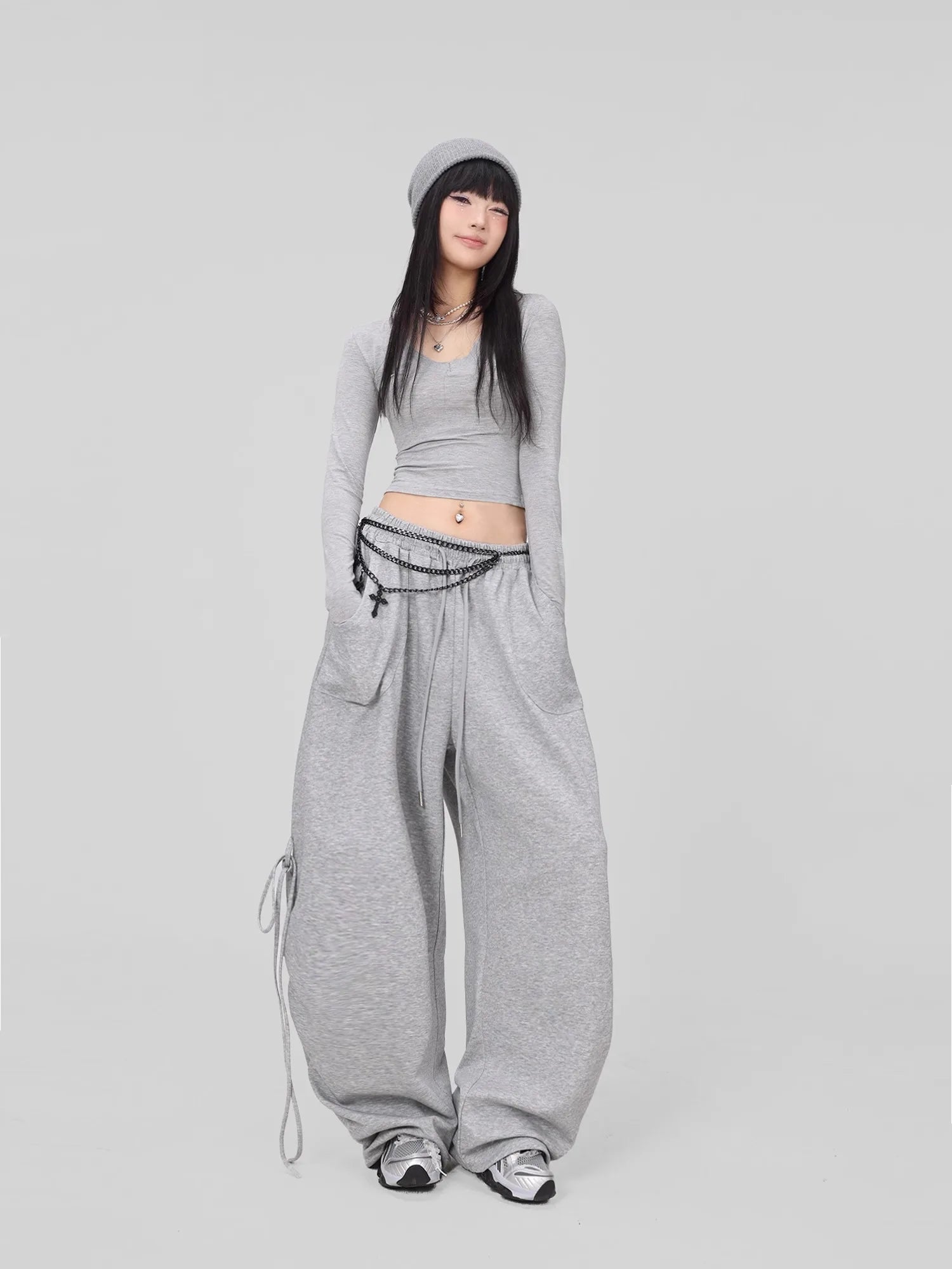 Soft Gray Drawstring Hip Hop Pants