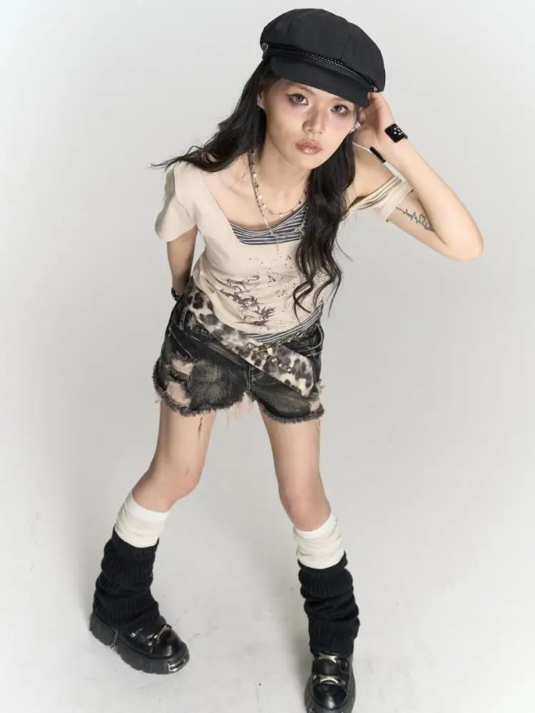 Vintage Gothic Patchwork Off-Shoulder T-Shirt