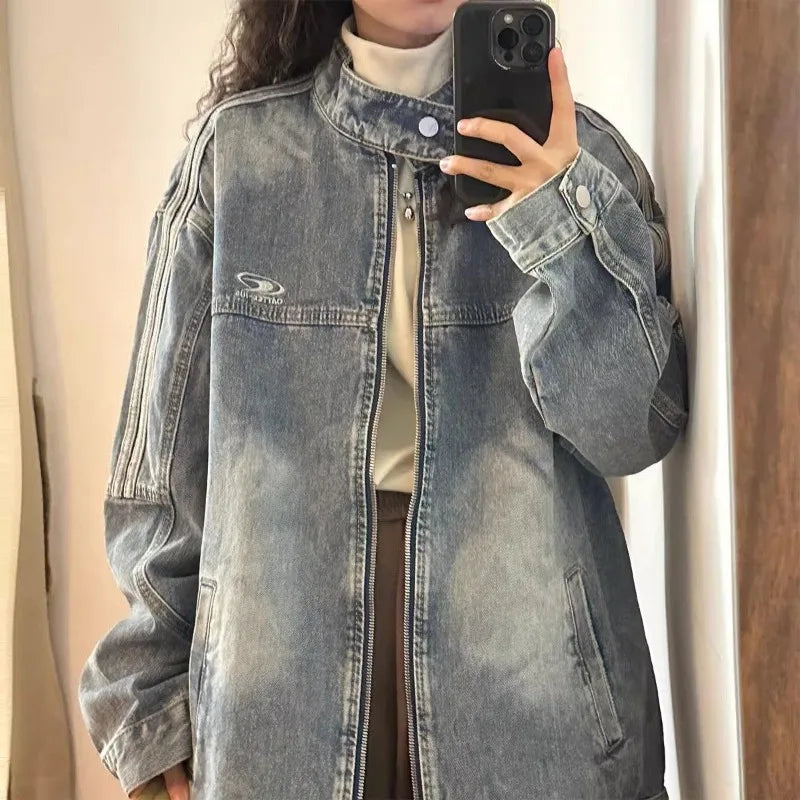 Blue Denim Zipper Casual Denim Jacket