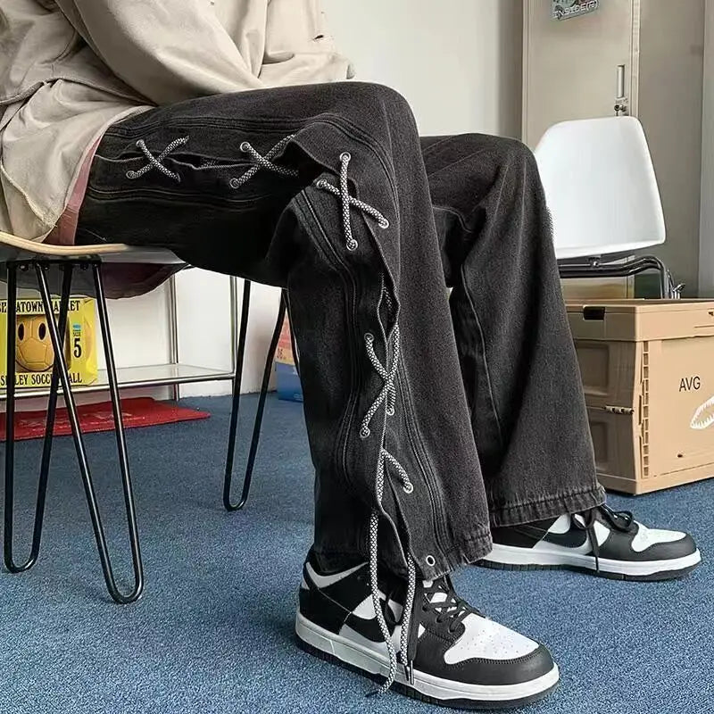 Y2K Streetwear Cool Black Lace-Up Baggy Jeans
