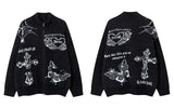 Y2K Knitted Butterfly Double Zip Up Sweater