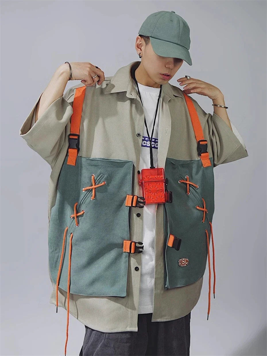 Chemise cargo vintage patchwork à manches courtes