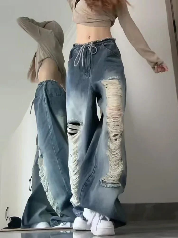 빈티지 찢어진 힙합 와이드 레그 청바지
