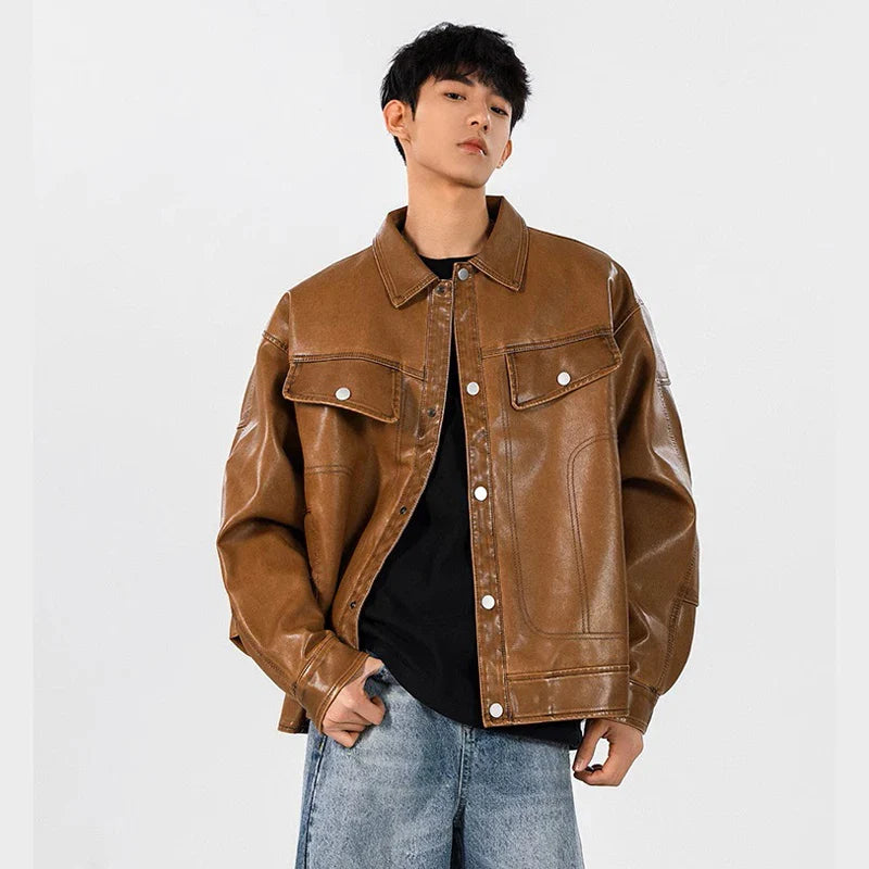 Veste de moto classique vintage haut de gamme en cuir ample