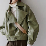 Veste de moto en cuir vert avocat pour femme