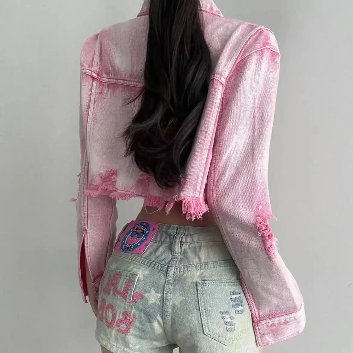 Pink Ripped Hip Hop Short Denim Jacket