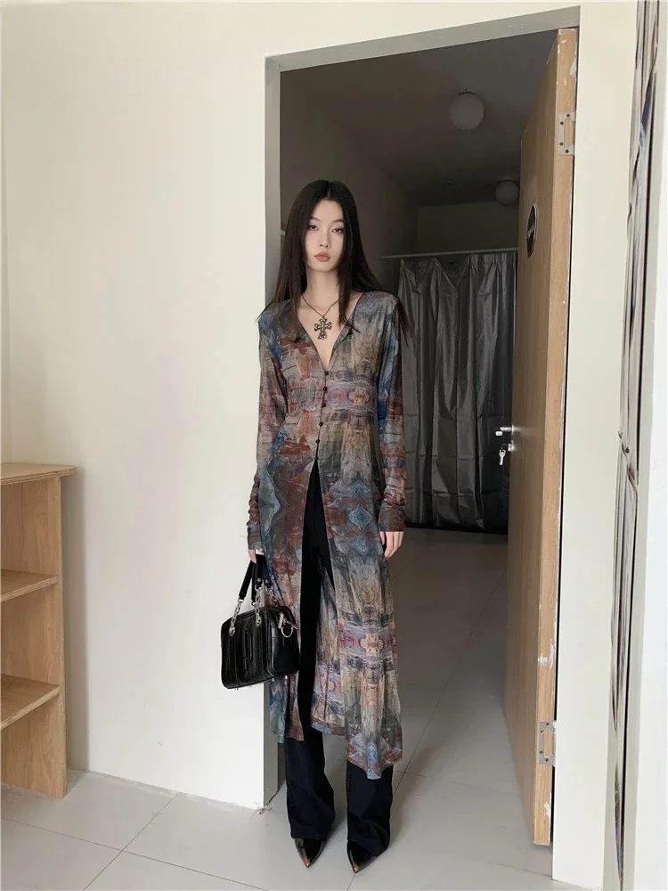 Vintage Oil Painting Mesh X-Long Shirt For Women Cardigan Long Sleeve V Neck Designer Top Fashion Clothing