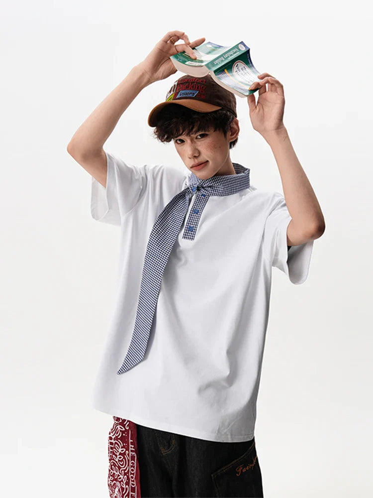 ギンガムタイカラーオーバーサイズ半袖Tシャツ
