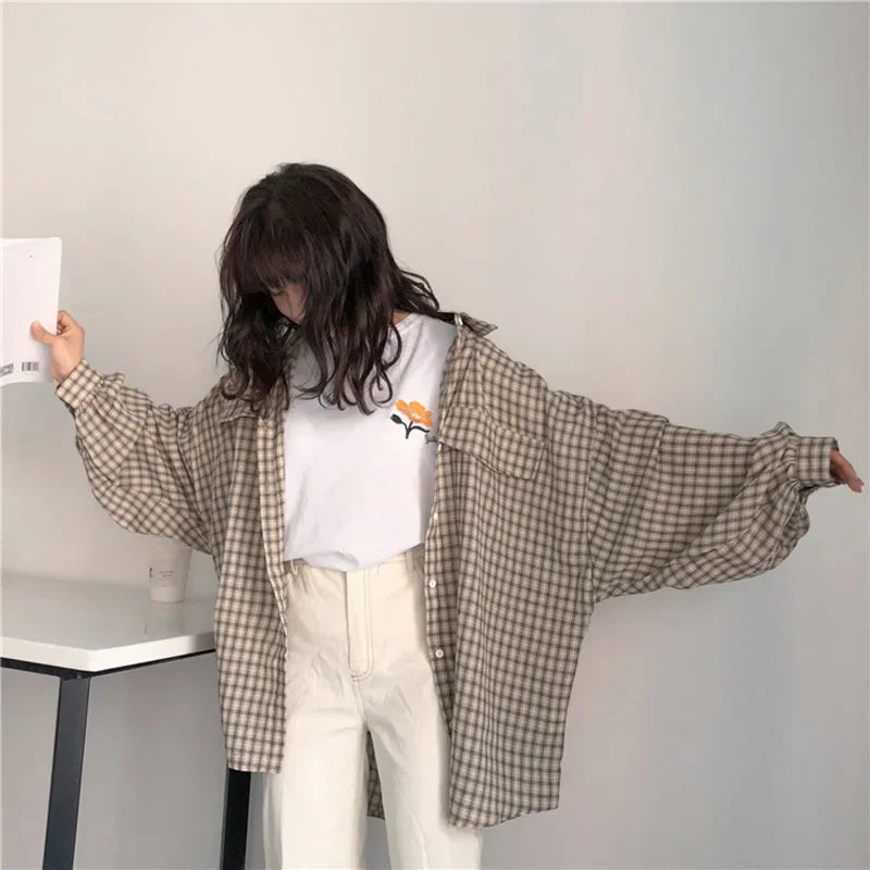 Chemise boutonnée décontractée à carreaux Soft Girl