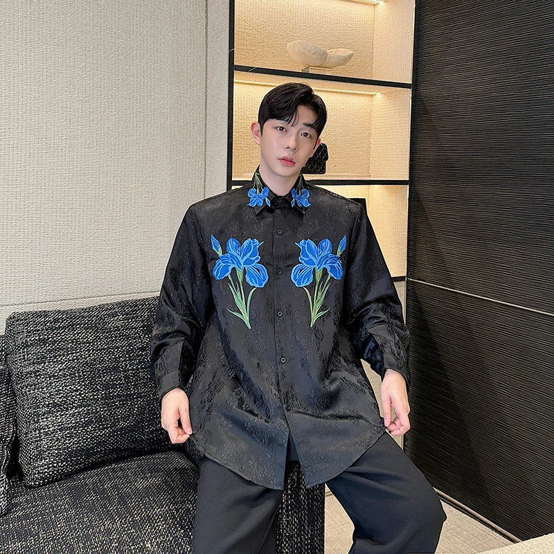 Chemise hip-hop décontractée vintage brodée à fleurs