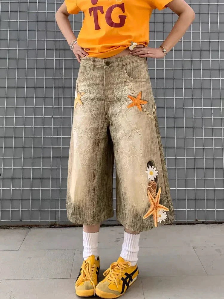 Cozy Oversized Star Washed Denim Jorts