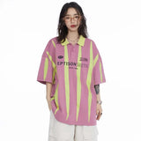 Women Retro Striped Lapel with Printed Polo T-Shirt