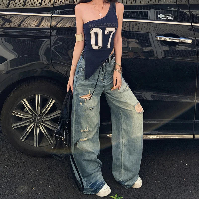 高品質リップドワイドレッグデニムジーンズ