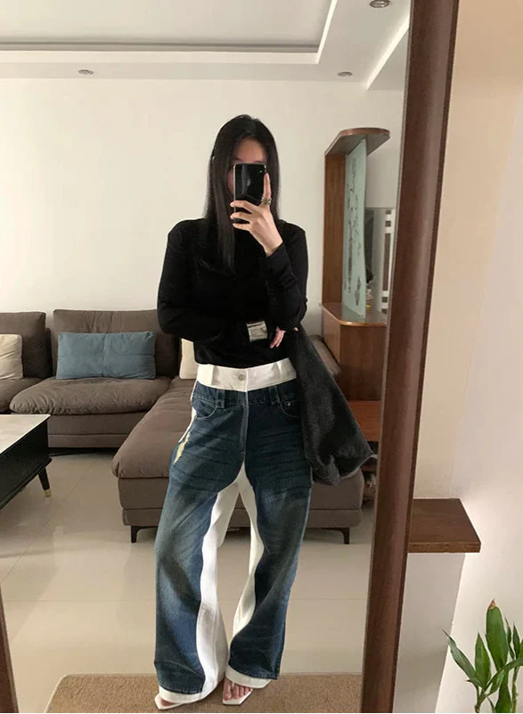 튼튼한 Y2K 블루 패치워크 쿨 힙합 청바지