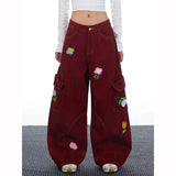 Y2K Vielseitige rote Cargo-Jeans im Stil der 2000er Jahre mit Blumenmuster
