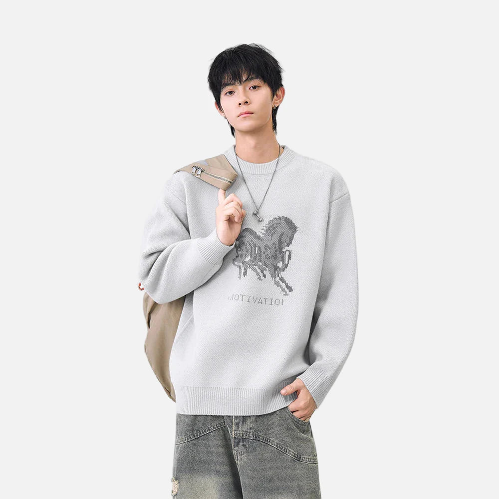 Cozy Horse Print Crew Neck Classic Sweater