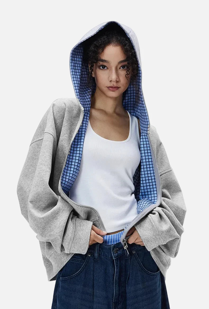 Plaid Unisex Couple Boxy Hooded Sweatshirt